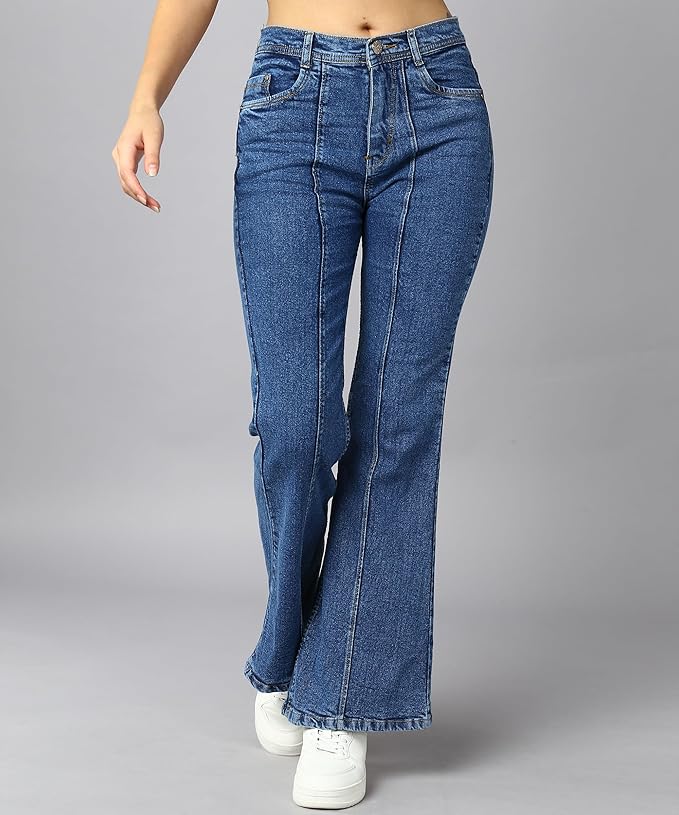 Womens Mid Rise Denim Wide Leg Jeans